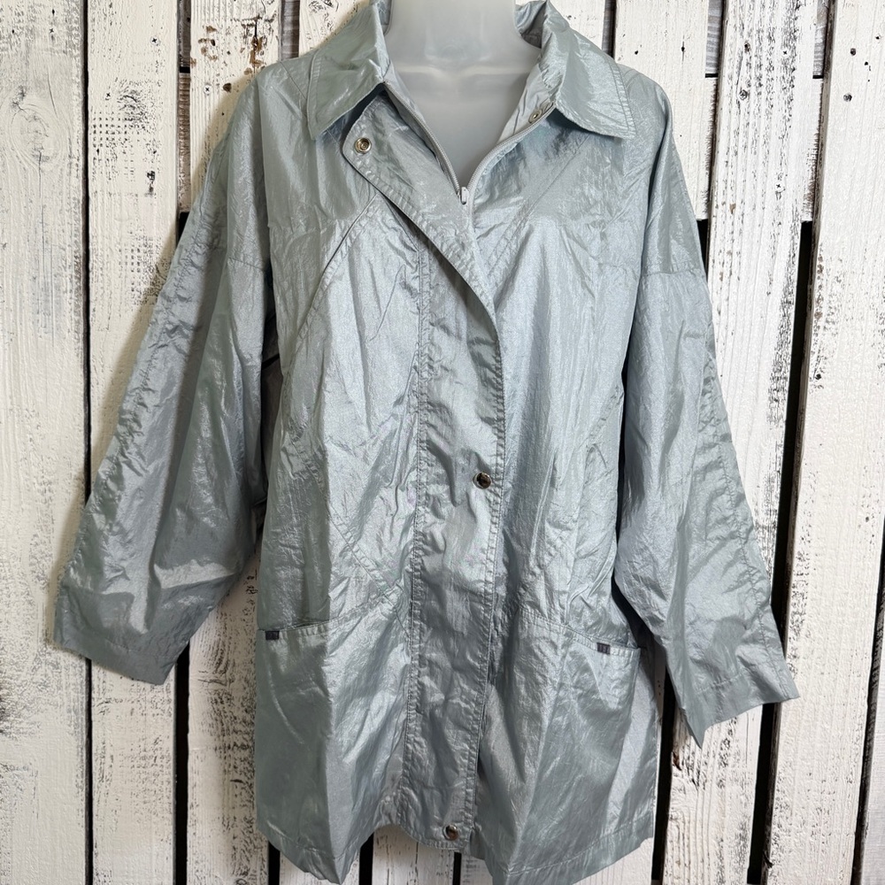 Vintage 80s Haband Windbreaker Jacket Full Zip Snap Shiny Blue Silver Size Large
